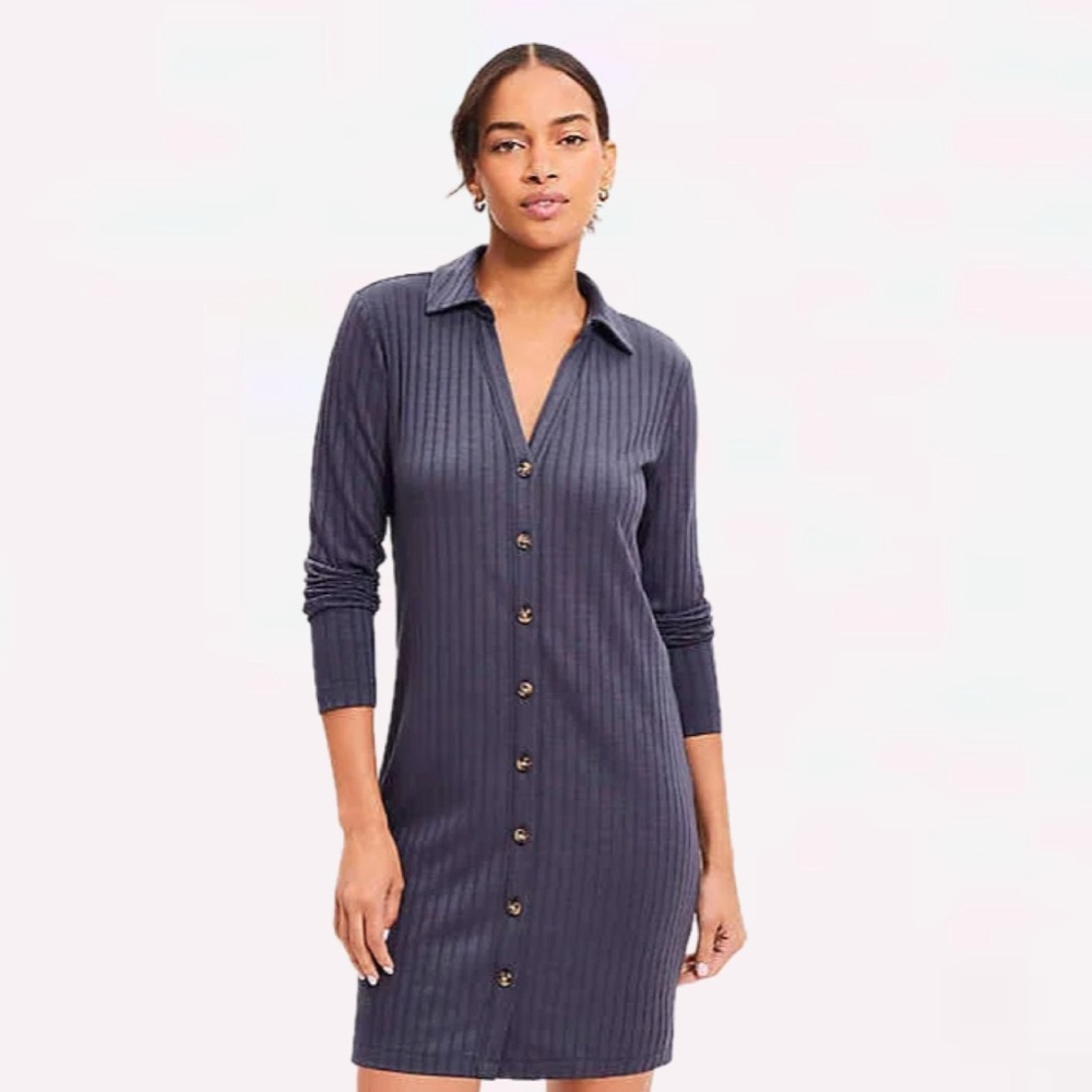LOFT Women’s Navy Long Sleeve Button Dress